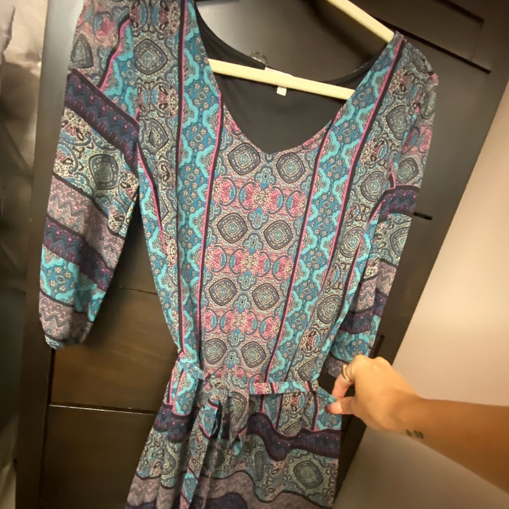 Blue and pink printed mid sleeve dress